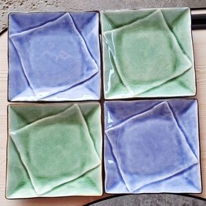 PIER 1 CERAMIC CRACKEL SUSHI PLATES SET - BLUE AND GREEN